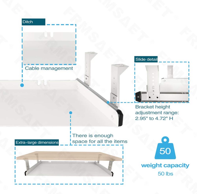 FRMSAET Under Desk Keyboard Tray Heavy-Duty All-Metal Material 20/24/30 inches Platform Computer Drawer Organizer Home Office Kitchen Bedroom Garage Storage Tool - Easy to Install.(24 inches, White) - Image 2